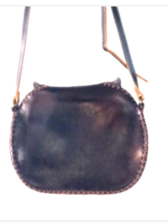 Leather Cat Face Crossbody Bag Hand Tooled Embossed Black Boho Whipstitch - Picture 10 of 14